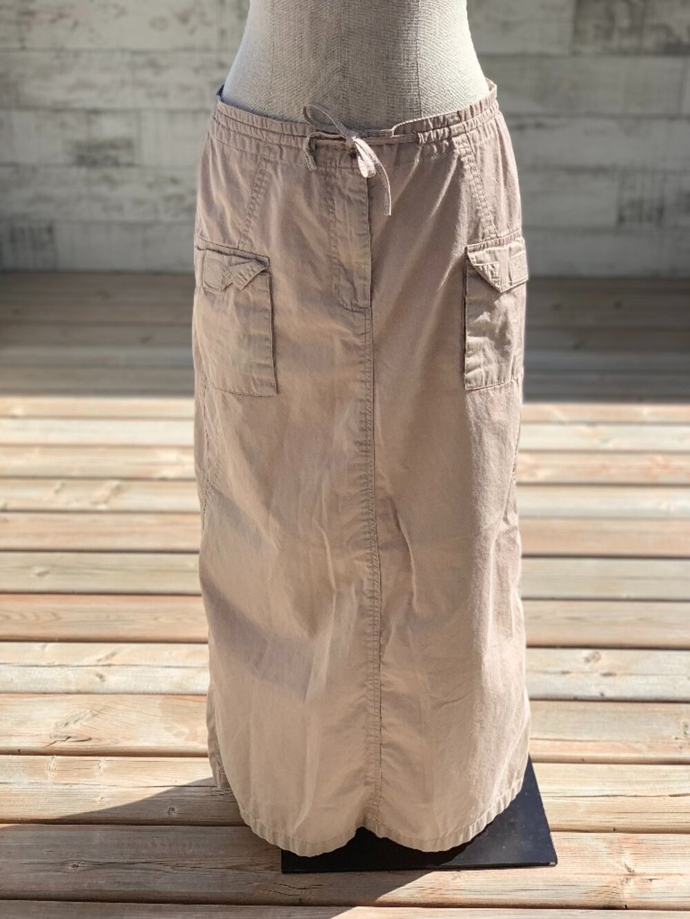 Vintage Y2K Cargo Maxi Skirt Khaki Tan 100% Cotton Low Rise Slit Grunge Utility